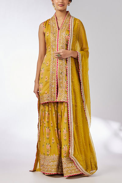 Mustard floral printed embroidered sharara set