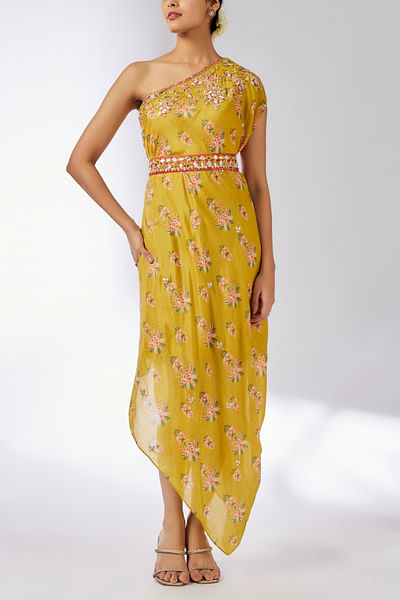 Mustard floral printed one-shoulder dress