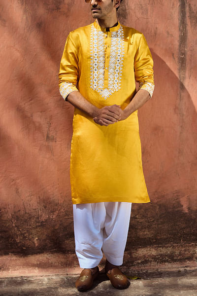 Mustard geometric mirror embroidery kurta set