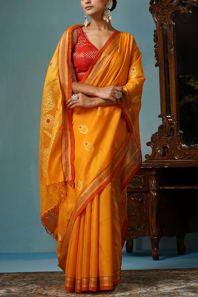 Mustard handwoven floral sari set