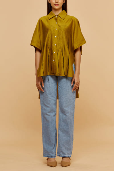 Mustard heart kantha stitched kaftan shirt