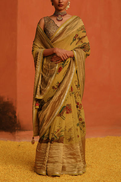 Mustard kalamkari hand painted sari set