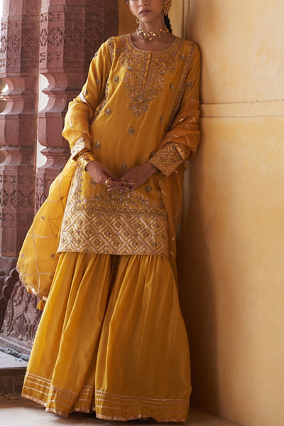 Mustard lotus embroidered sharara set
