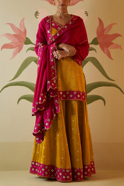 Mustard mirror and satin embroidered sharara set