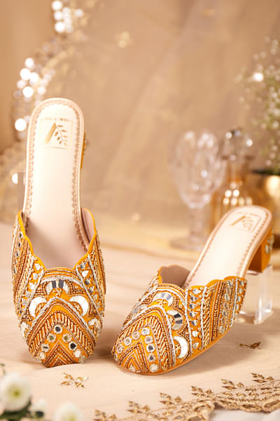 Mustard mirror embroidered mule heels
