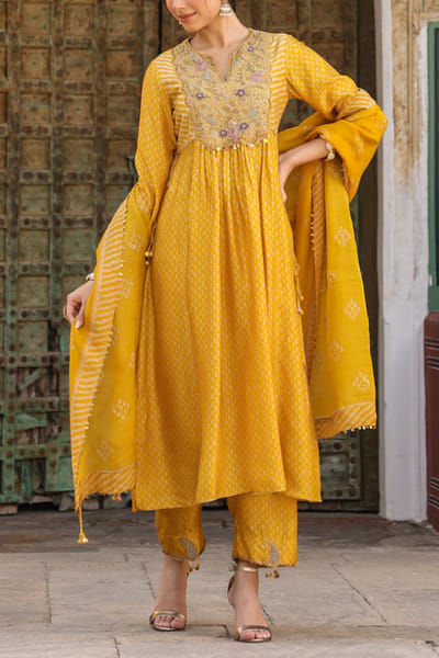 Mustard motif printed embroidered kurta set