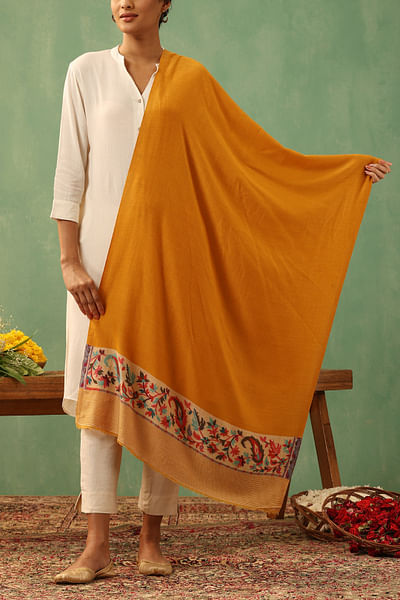 Mustard paisley cashmere wool stole