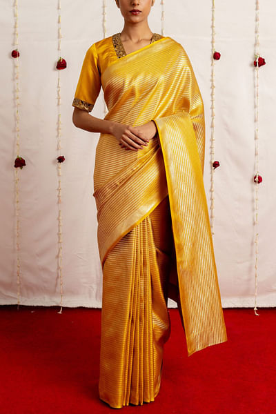 Mustard stripe woven sari set