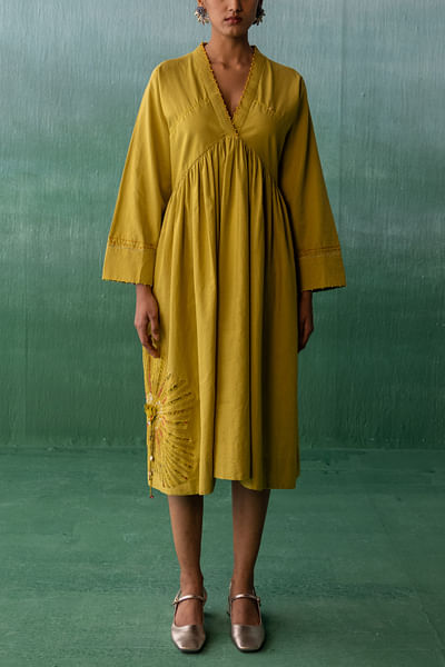 Mustard upcycled kalamkari appliqued dress