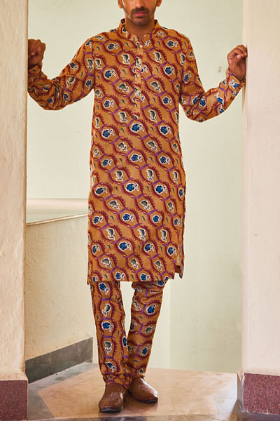 Mustard wavy leaf and floral printed kurta set