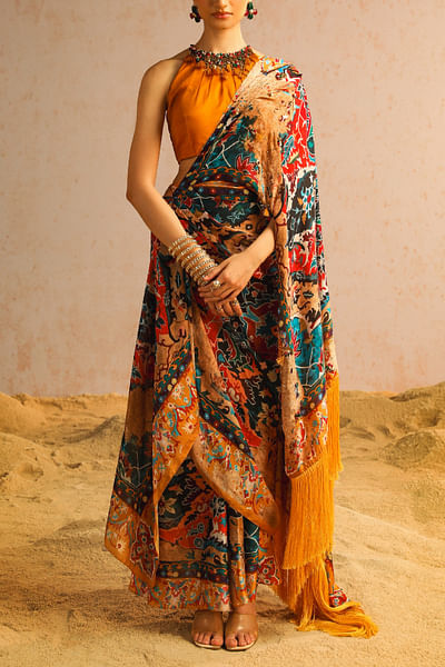 Mustard yellow artisanal print drape sari set