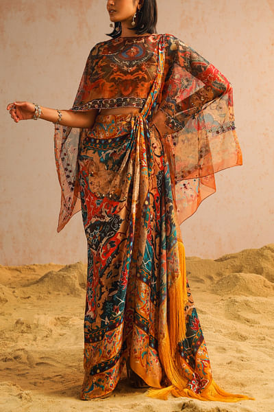 Mustard yellow artisanal print draped sari set