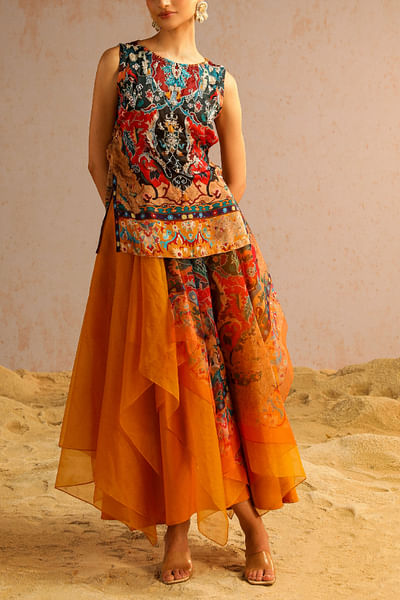 Mustard yellow artisanal print layer skirt set