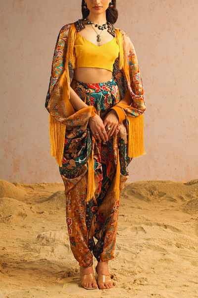 Mustard yellow artisanal printed cape set