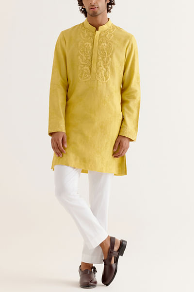 Mustard yellow embroidered block print kurta set
