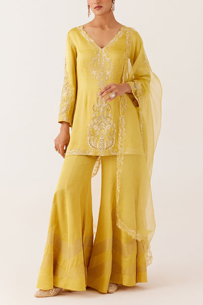 Mustard yellow embroidered sharara set