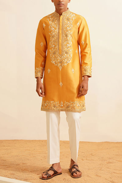 Mustard yellow floral embroidered kurta set