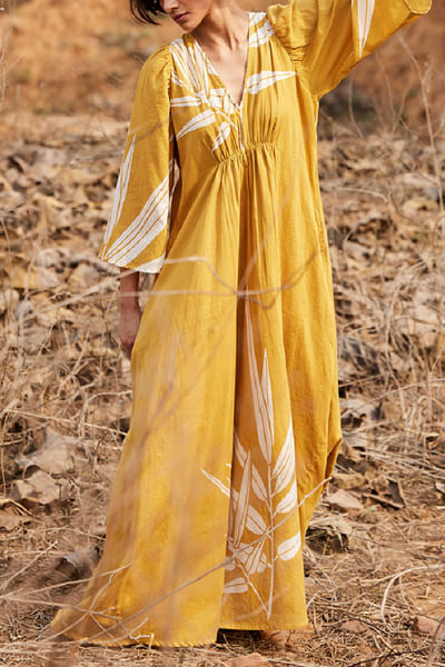 Mustard yellow leaf printed maxi dress