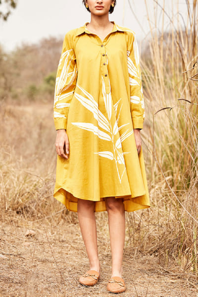 Mustard yellow leaf printed shirt dress