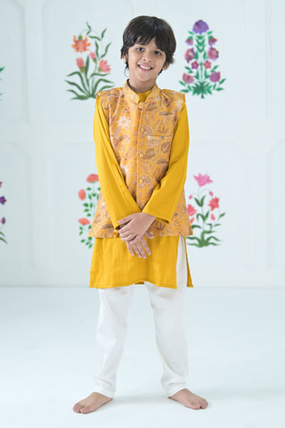 Mustard yellow printed nehru jacket kurta set