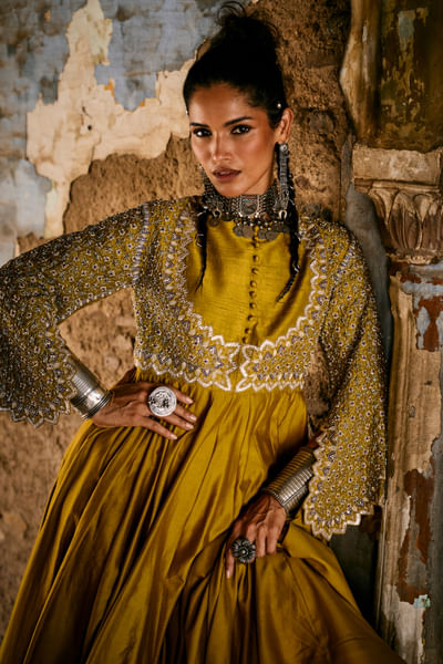 Mustard zardozi embroidered anarkali