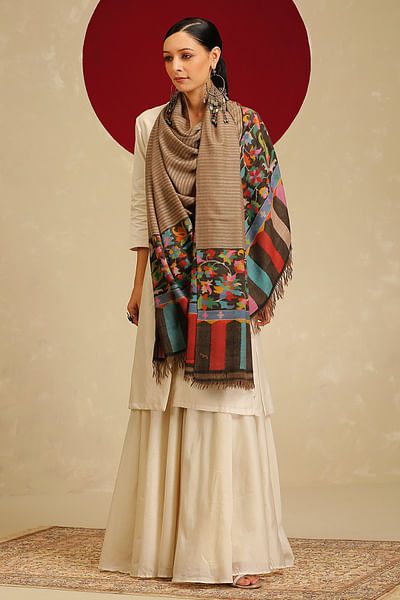Natural and black kani weave shawl