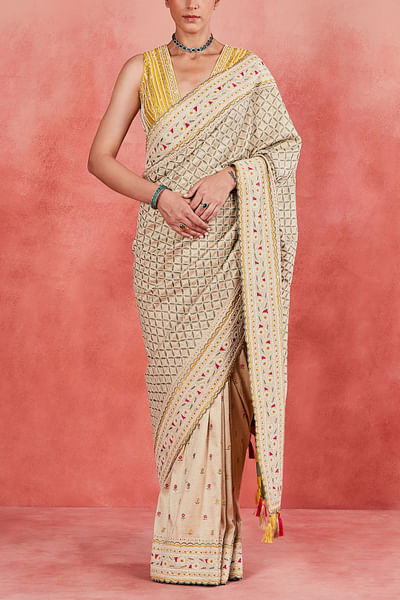 Natural beige dori embroidery tassel sari set