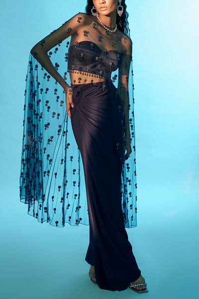 Navy and grey embellished cape set