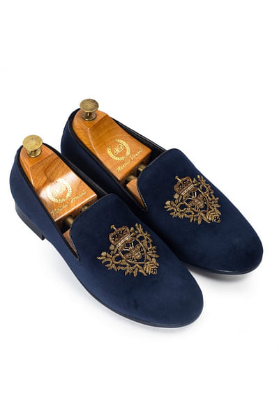 Navy bee zardozi embroidered slip-ons