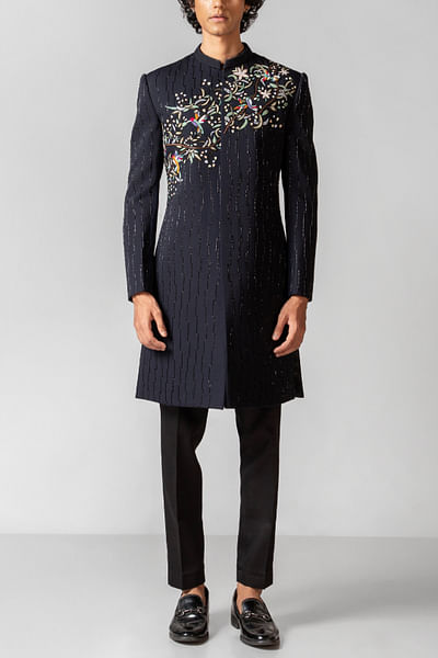 Navy blue bird and floral embroidery achkan set
