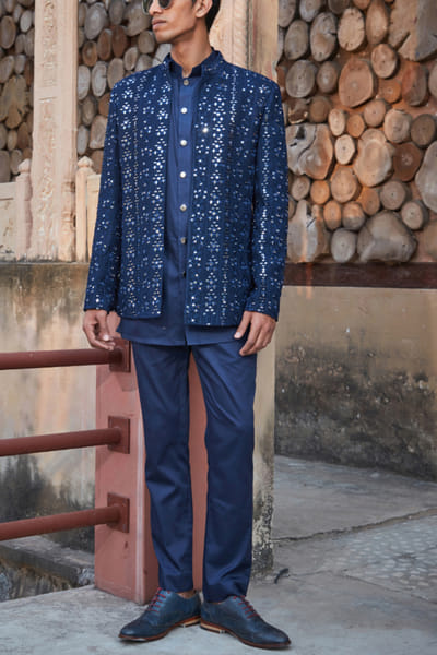 Bohame Navy blue chikankari embroidery jacket set Boh006832