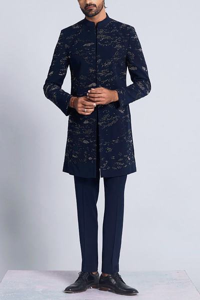 Navy blue cutdana embroidered achkan set