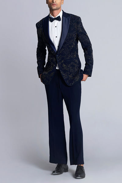 Navy blue cutdana embroidery tuxedo set