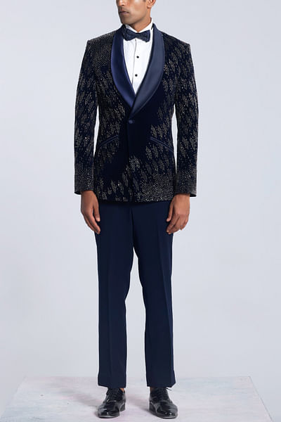 Navy blue cutdana embroidery velvet tuxedo set