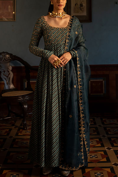 Navy blue diagonal stripe print anarkali set