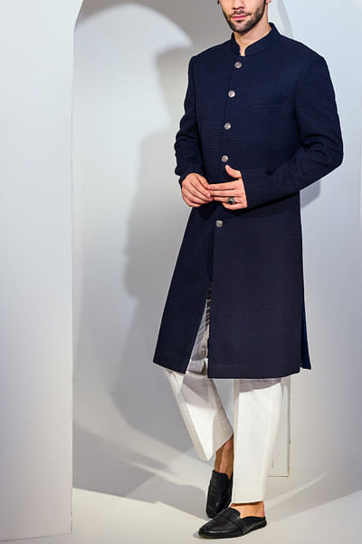 Navy blue diamond textured achkan set
