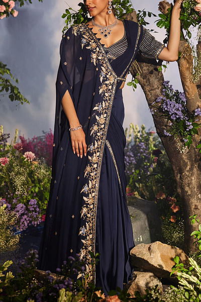 Navy blue drape lehenga set