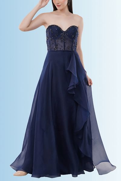 Navy blue embellished corset gown