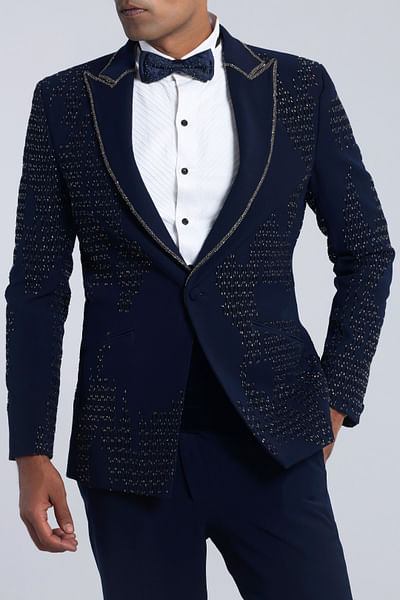 Navy blue embroidered tuxedo set