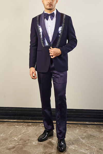 Navy blue embroidered tuxedo set