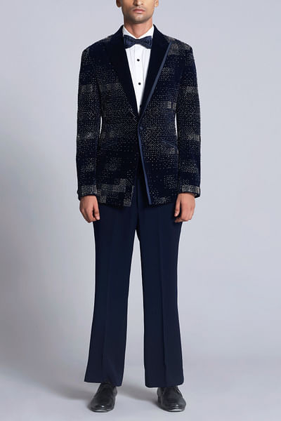 Navy blue embroidered velvet tuxedo set