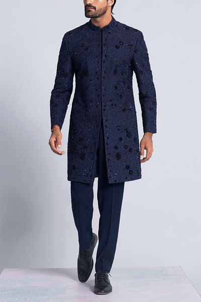 Navy blue floral embroidered achkan set