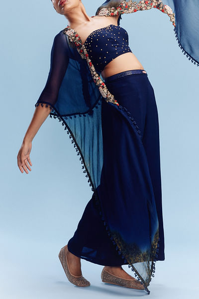 Navy blue floral embroidered cape sharara set