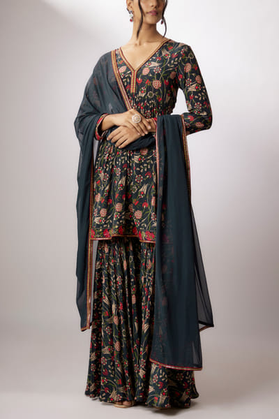 Navy blue floral print gharara set