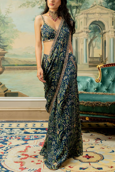 Navy blue floral print pre-draped sari set