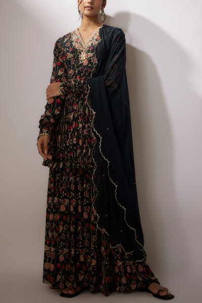 Navy blue floral print sharara set