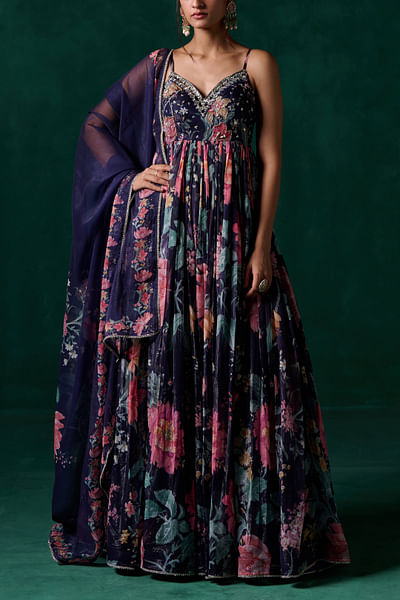 Navy blue floral printed anarkali set