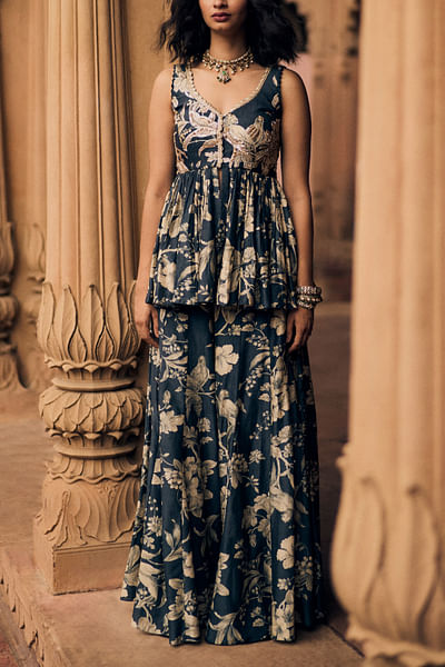Navy blue floral printed peplum and palazzo