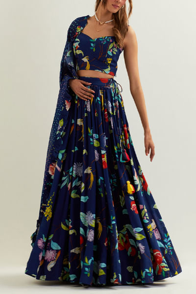 Navy blue floral printed pleated lehenga set