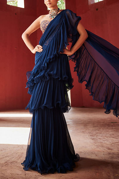 Navy blue frilled layered pre-draped sari set